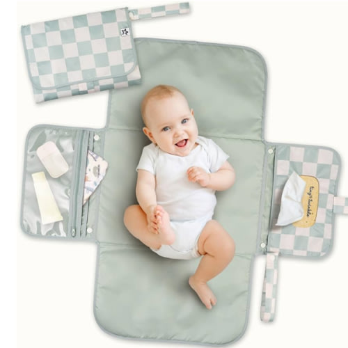 Tiny Twinkle Portable Diaper Changing Pad | Waterproof, Wipeable & Compact Baby Changing Pad for Travel | Smart Wipes Pocket & Organized Storage| Newborn Shower Gift (Sage Checkers)