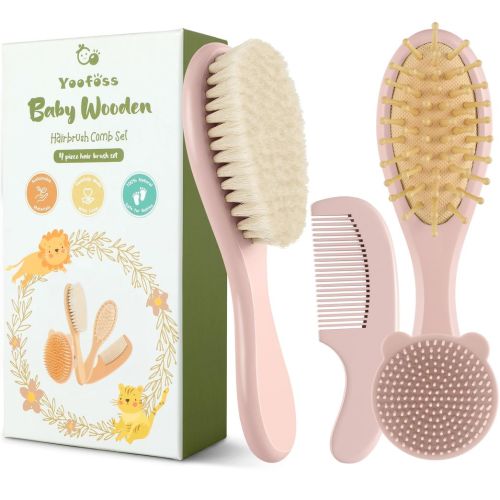 Yoofoss 4 Piece Baby Hair Brush and Comb Set，Wooden Baby Hair Brush with Natural Ultra Soft Goat Hair, Baby Comb Set for Boy, Girl - Pink
