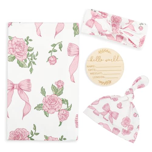 TANOFAR 4-Pack Newborn Swaddle Blanket for Baby Girls & Boys, Ultra Soft Receiving Blankets with Matching Headband and Beanie Set Baby Nursery Swaddle Wrap, Flower Bow