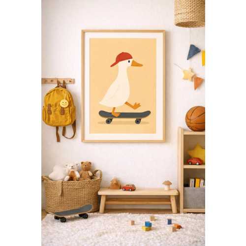Nursery Duck Wall Art – Red Hat Skateboard Animal Print, Digital File