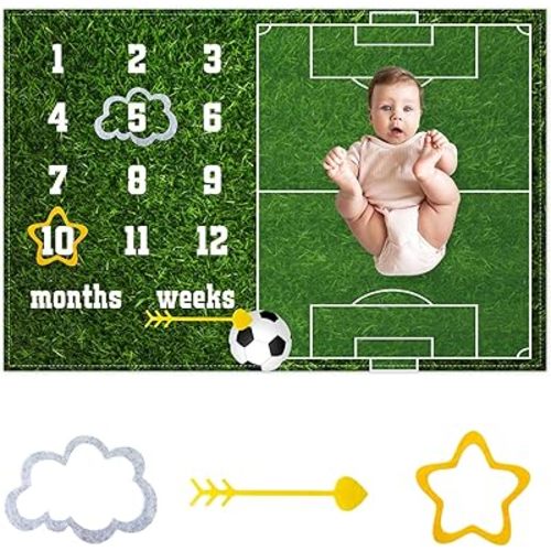 CSFOTO Soccer Theme Baby Monthly Milestone Blanket Football Sports Nursery Decor Photography Background Newborn Growth Record Prop 60"x40" with Frames