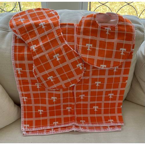 University of Tennessee swaddling/receiving blanket, bib, and burp set