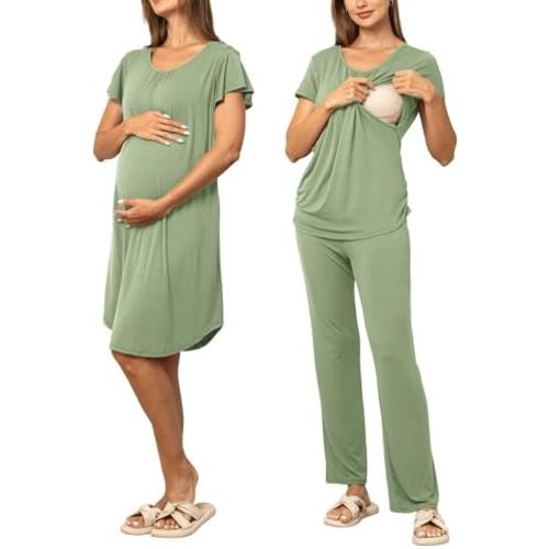 SUNNYBUY Women 3 PCS Maternity Nursing Nightgown Dress & Short Sleeve Breastfeeding Top & Pregnancy Pants Sleepwear Set