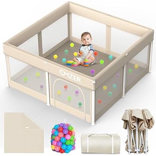 Omzer Playpen for Babies and Toddlers - Foldable Baby Playpen 50"×50" with Play Mat- Portable Safety Baby Fence with Carry Bag & 30 Ocean Balls- No Assembly Required
