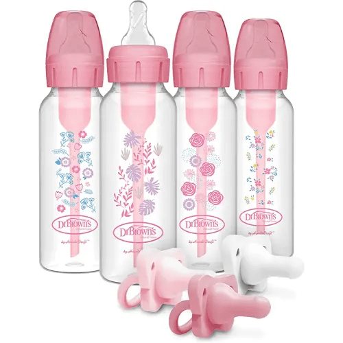Dr. Brown’s Anti-Colic Options+ Baby Bottles, Narrow, Pink Floral Designs, 8oz, 4 Pack and HappyPaci 100% Silicone Pacifier 0-6m, BPA Free, White, Pink, Light Pink 3-Pack