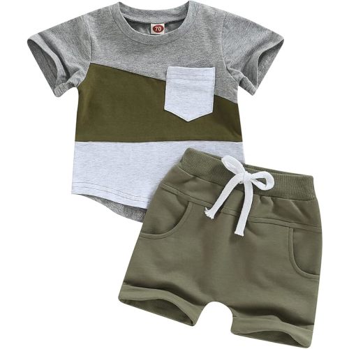 fhutpw Baby Toddler Boy Clothes Summer Outfits 6 12 18 24 Months Patchwork Short Sleeve T Shirt & Shorts Sets with Pockets