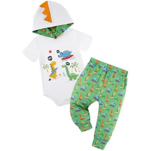 Newborn Boy Summer Outfits Animal Print Short Sleeve Romper with Hoodie & Pants Infant Clothing Set