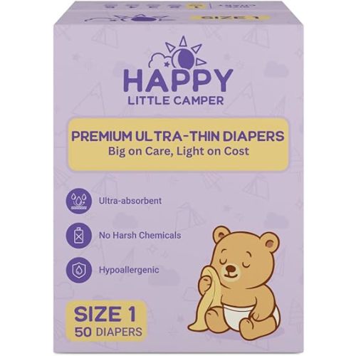 Happy Little Camper Premium Ultra-Thin Diapers, Size 1, <11 lbs, 50 Count | Ultra-Absorbent Disposable Baby Diapers for Sensitive Skin | Hypoallergenic, Fragrance-Free, Totally Chlorine Free