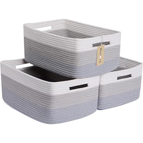 Large Storage Baskets for Shelves, Closet Organizers Bins for Clothes Blanket Towels, Baby Nursery, Toy Baskets Box, Woven Rope Baskets, 17 x 13 x 7.5”, 3 Packs Gradient Grey