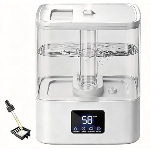 KZF 4L Top Fill Humidifiers for Bedroom & 40H Runtime - Cool Mist Humidifier, 3 Mist Levels, 8H Timer, Essential Oil Tray, Humidity Display, Quiet for Baby, Plants, Large Room (White, 4, Liters)