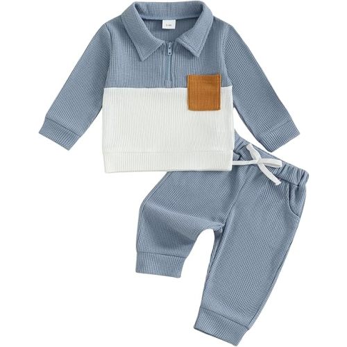 Baby Toddler Boy Fall Winter Outfits Long Sleeve Lapel Half Zip Pullover Infant Waffle Clothes Pants 2 Pcs Set