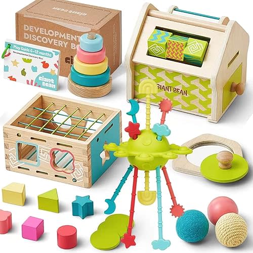 Montessori Toys for Baby 6-12 Month,6-in-1 Wooden Early Education Learning Toys with Sensory Teething,Object Permanence Box, Shape Sorting Stacking Ring,Mirror Puzzle,Toy for Kid 1 2 3 Year Old