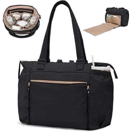 MOMINSIDE Diaper Bag Tote with Changing Station Convertible Diaper Bag Backpack Tote pañaleras para bebe Large Baby Bag, Hospital Bag Mommy Bag Travel Diaper Bag for Mom, 16 Pockets, Black