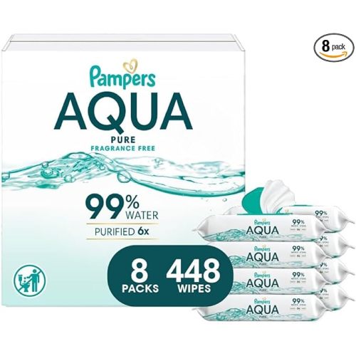Pampers Aqua Pure Baby Wipes, 99% Water, Fragrance Free, 448 Baby Wipes Total (8X Flip-Top Packs) [Packaging May Vary]
