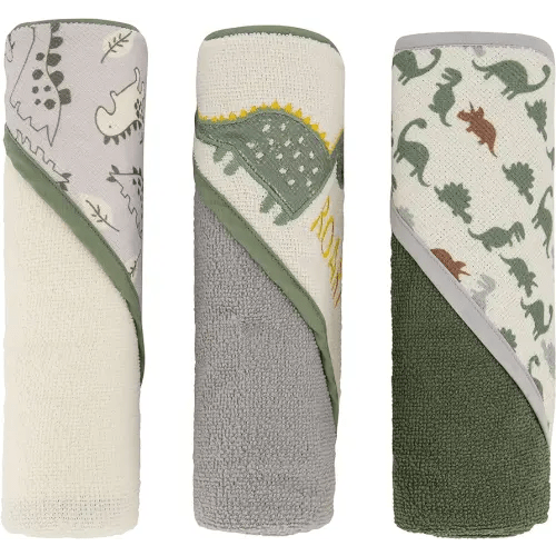 Cudlie Buttons & Stitches Baby Boy 3 Pack Rolled/Carded Hooded Towels in Dino Roar Print (GS71721)