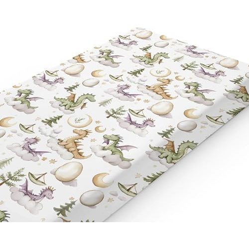 Cartoon Dragons Pattern Changing Pad Cover Liner for Girl Boy,Snug Fitted Diaper Table Covers for Infant Newborn,Stylish Fits Standard Changing Mat Sheets 32'' x 16"