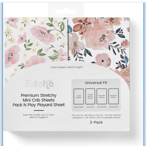 Graco Pack and Play Sheets Fitted, TotAha Buttery Soft Mini Crib Sheets Girl, Floral Pack N Play Mattress Sheets Hypoallergenic, Premium Jersey Playrad Sheets, Meredith Allover & Pale Pink, 2 Pack