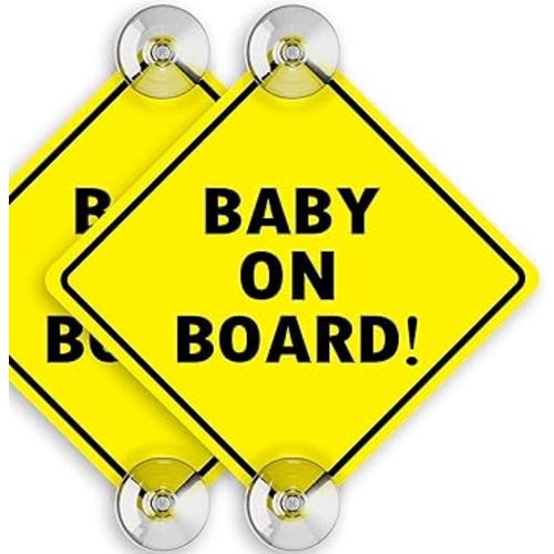 Baby On Board Sign with Suction Cups, 5" by 5" - Essential Safety Signs for Cars - Bright Yellow, Durable and Strong Suction