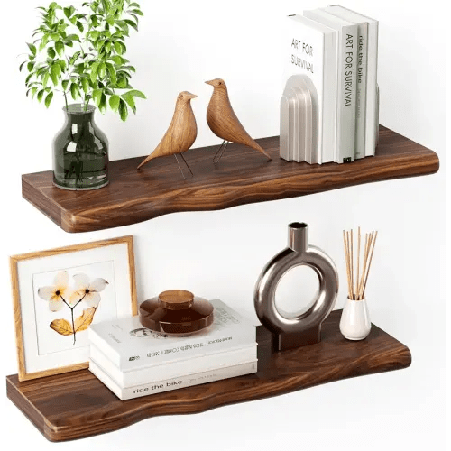 Floating Shelves for Wall Rustic Farmhouse 24 Inch Floating Shelf Bathroom Wooden Shelves for Wall Mounted Live Edge Pine Wall Shelf with Unique Natural Grain for Living Room Bedroom Kitchen (Walnut)