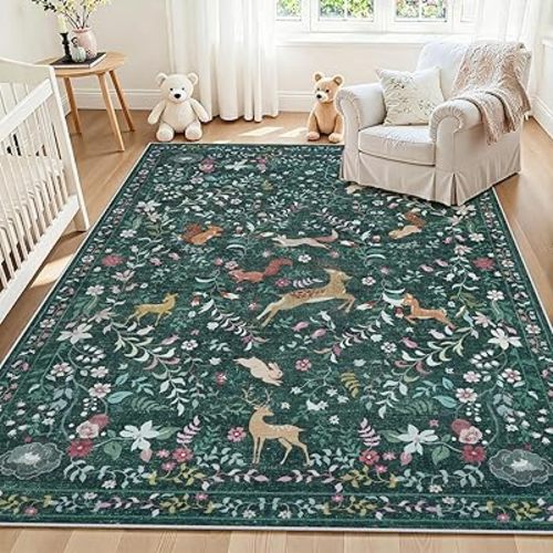 5x7 Area Rugs Washable Rug: Lagre Boho Living Room Rug Soft Non-Slip Thin Carpet Indoor Floor Non-Shedding Neutral Floral Carpets for Bedroom Dining Room Farmhouse Nursery Dark Green