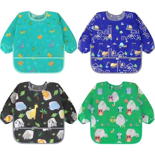 Accmor 4 Pack Long Sleeve Bibs, Baby Smock Waterproof Sleeved Bib Smock for Baby Toddler 6-24 Months