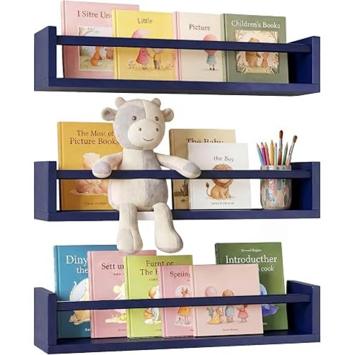 Fixwal Floating Nursery Book Shelves for Wall, 16.5in, Set of 3, Navy Blue