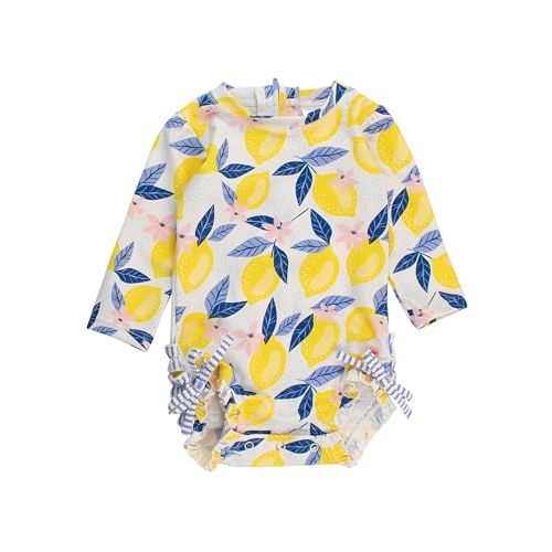 RuffleButts Baby Girls UPF 50+ Sun Protection Novelty Print Long Sleeve One Piece Rash Guard Swimsuit with Zipper