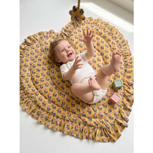 Gift for Baby Infant, Room decor, Heart Shaped Baby Play Mat, Vintage Yellow Ruffle, Padded Cotton