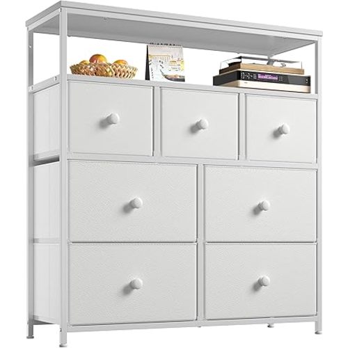 EnHomee Dresser for Bedroom with 7 Drawers and 2 Shelves,Tv Stand for Bedroom White Fabric Dresser for Closet,Hallway,Entryway,Dormitory