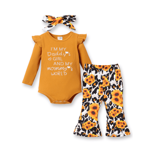 PatPat Baby Girl Clothes Newborn Infant Baby Girls Winter Outfit Long Sleeve Ruffle Romper Floral Bell Bomttom Pants Sets with Headband Ginger 0-3 Months