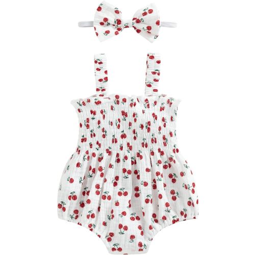 Newborn Baby Girl Summer Bodysuit Print One Piece Ruffle Strap Romper Jumpsuit Cotton Playsuit with Headband