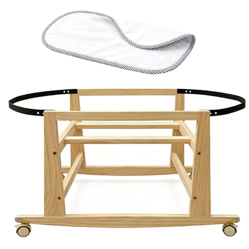 Wooden Bassinet Stand with Foldable Wheels and Change Mat, Rocking Moses Basket Stand for Baby Bassinets, Baby Basket Stand with Waterproof Diaper Changing Pad