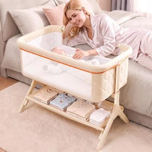 Pamo babe Bedside Bassinet for Baby, 3-in-1 Foldable Travel Bassinet with Wheels, Portable Baby Bassinet Adjustable Height, Storage Bag, Baby Bedside Sleeper Ideal Gift for Newborn Parents (Beige)