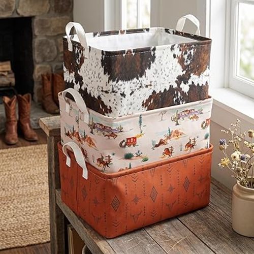 3 Pcs Western Bull Boho Rectangle Storage Basket Collapsible Highland Cow Storage Bin for Nursery Toys Books Waterproof Baskets for Closet Shelves Bedroom Decor(Cow)