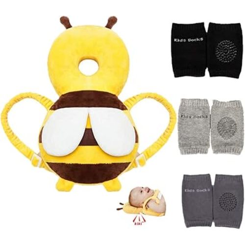 Feidoog Baby Head Protector Cushion Backpack with 3 Knee Pads for Walking & Crawling,Bee