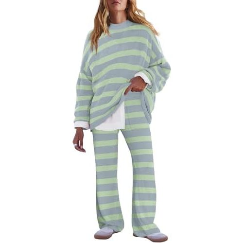 LAMISSCHE Oversized Womens Lounge Set Striped Sweater Set Long Sleeve 2 Piece Pajama Set Top and Pants with Pockets