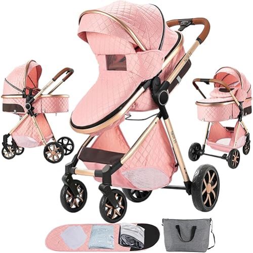 2 in 1 Baby Stroller, One Click Folding Convertible Newborn Infant parm, Standard Cart, Reclining Buggy That can be Pushed Forward and Backward, New Born Pushchair 0-36 Month (2USV9-PINK)