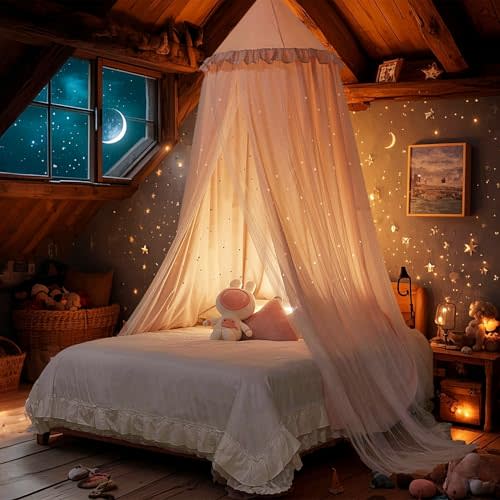 Eimilaly Princess Bed Canopy for Girls, Double Layer Canopy with Cutout Stars, Breathable Dream Canopy & Washable Pink Fabric, Fits Twin/Full Bed - Fairy Bed Tent for Kids Room Decor, Pink