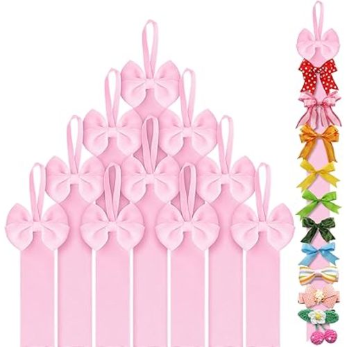 Huquary 10 Pcs Pink Long Hair Bow Holder Organizers for Girls Bows Hanger Hair Clips Ribbon Bow Holder Bulk for Wall or Door Window Nursery Home Bedroom Hanging Decoration Accessories Party Favor
