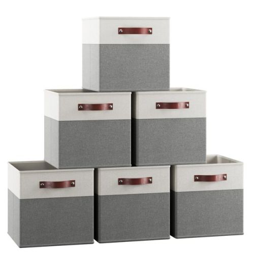 Ornavo Home 6 Pack Linen Fabric Storage Cube Bin with Faux Leather Handles