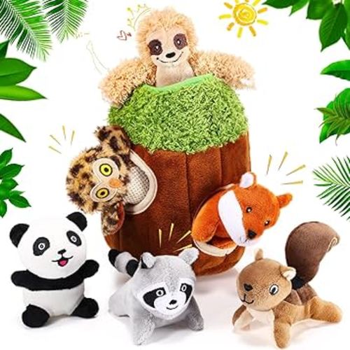 Skylety 7 Pieces Hide and Seek Dog Toys Activity Puppy Chew Squeaky Toys Plush Stuffing Woodland Stuffing with Squeakers for Small Medium Pets Dogs Puppy Gift(Cute,Small)