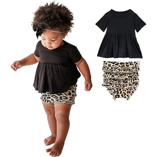 Posh Peanut Two Piece Set - Short Sleeve Peplum Top & Shorts Set - Breathable Viscose from Bamboo Baby Girl Outfits