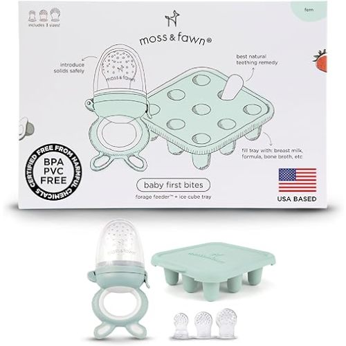 Moss and Fawn Baby's First Bites Bundle - Silicone Frozen Breast Milk Popsicle Kit with Forage Feeder & Teething Popsicle Ice Cube Tray - BPA, PVC, & Lead-Free - Fern