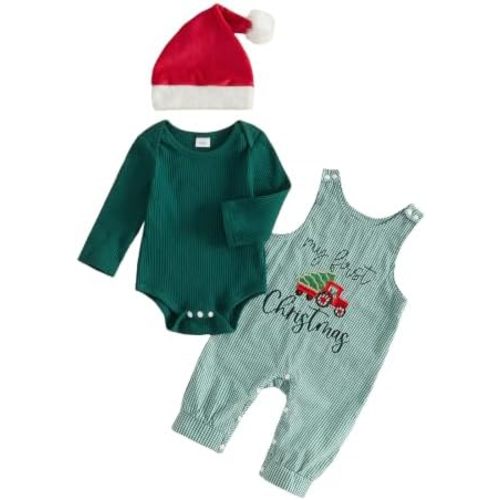 My First Christmas Baby Boy Outfit Romper Overalls Pants Hat Set