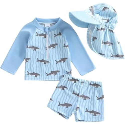 Hnyenmcko Toddler Baby Boys Swim Set Long Sleeve Rashguard Swimsuit Shirt Trunks Infant Bathing Suit Swimwear with Hat