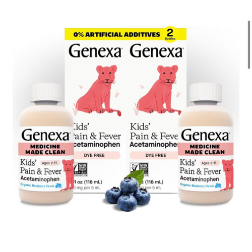 Amazon.com: Genexa Children's Clean Acetaminophen | Pediatrician Preferred Ingredients | Pain & Fever Reducer for Kids | Dye Free, 0% Artificial Additives | Ages 2-11, Delicious Organic Blueberry Liquid, 4 fl oz : Health & Household