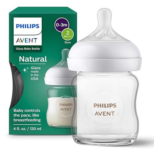 Philips Avent Natural Glass Baby Bottle, Slow Flow, 4 oz, BPA-Free, 1-Pack | Borosilicate Glass, Baby-Controlled Flow, No-Drip Design, Reduces Colic and Gas with Anti-Colic Valve, SCY910/01