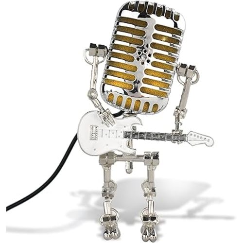 Xmpmrp Vintage Microphone Robot Lamp, Metal Microphone Robot Lamp with Mini Guitar, Vintage Light Home Decor Nightstand Desk Lamp for Bedroom, Bar, Restauran (White)