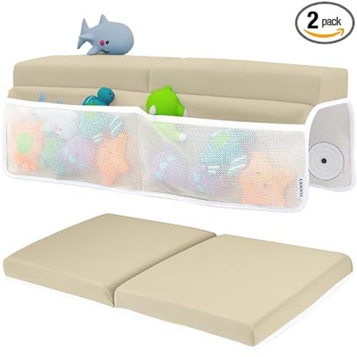 Comfortable Baby Bath Kneeler and Elbow Rest Pad Set – Thick Memory Foam Bath Kneeling Pad with Elbow Support – Baby Bathtub Cushion with Toy Organizer for Bathing Infant or Toddler - Beige