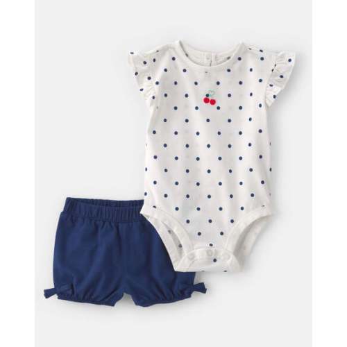 Baby Girl 2-Piece Cherry Polka Dots Short-Sleeve Bodysuit & Short Set - White/Blue | Carter's